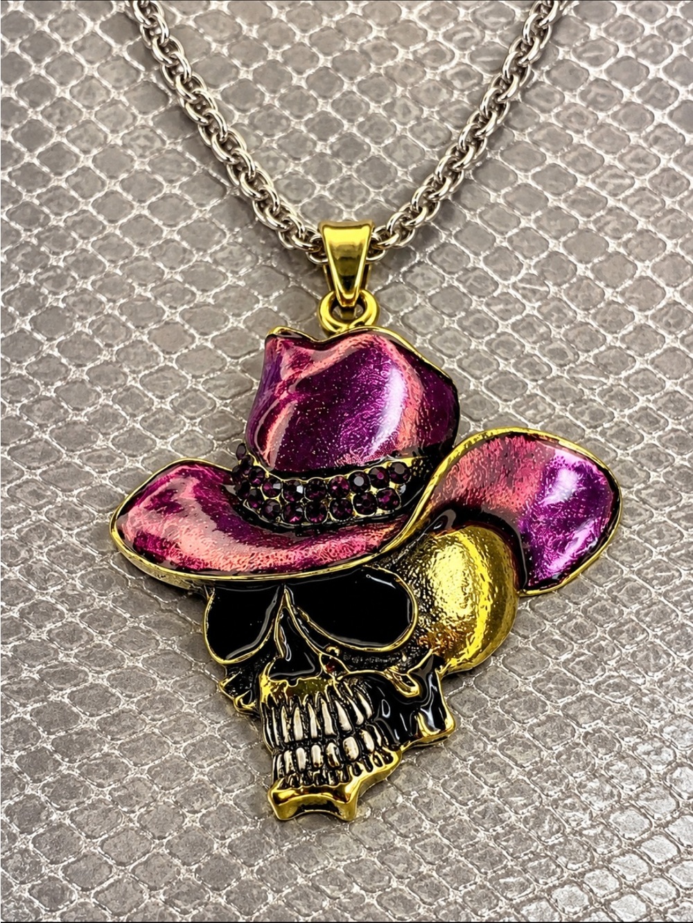 Gold Skull Pendant Necklace, Silver Chain Enamel & Purple Crystals Cowboy Hat